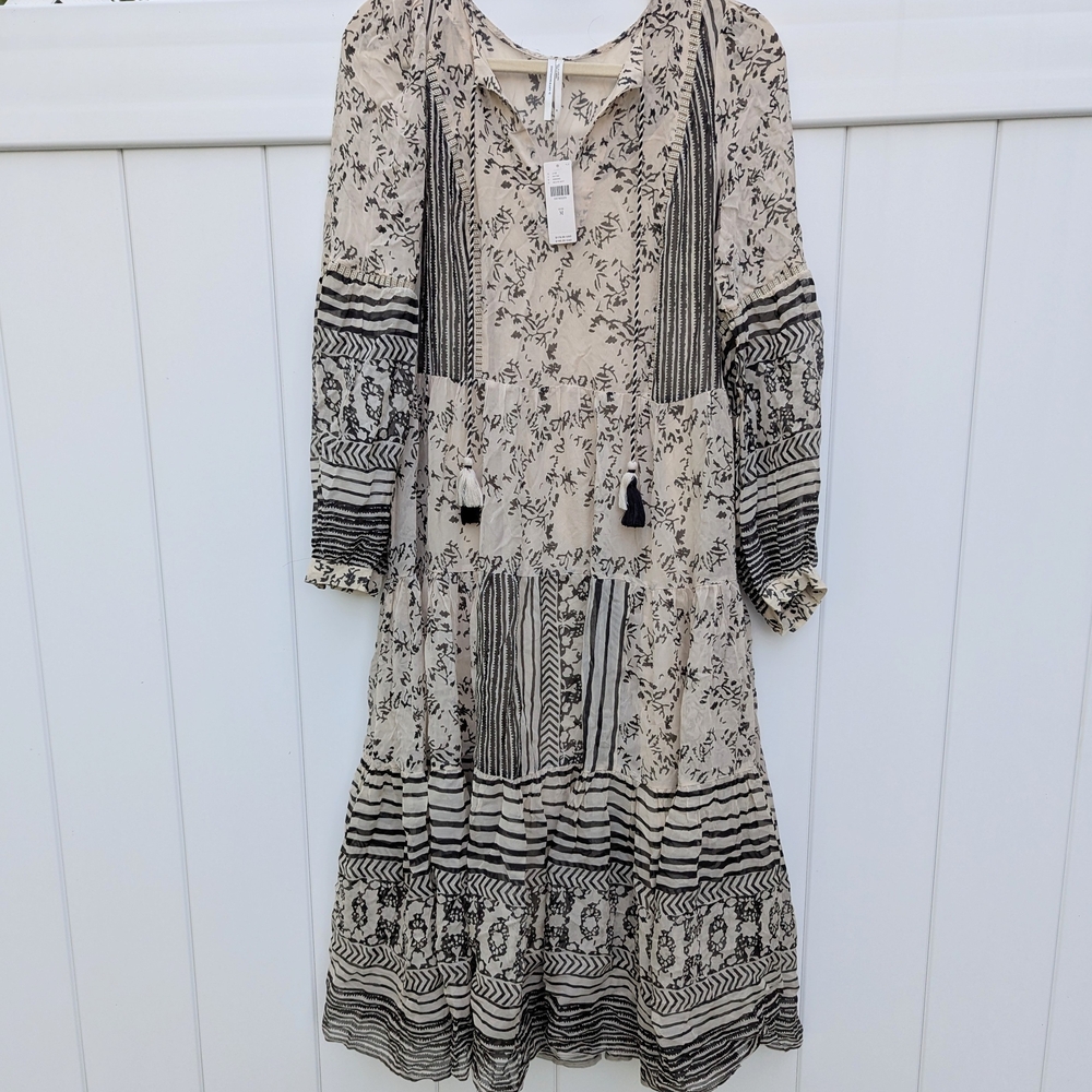 Women’s Anthropologi Talulah Tiered Midi‎ Dress black and cream Med NWT